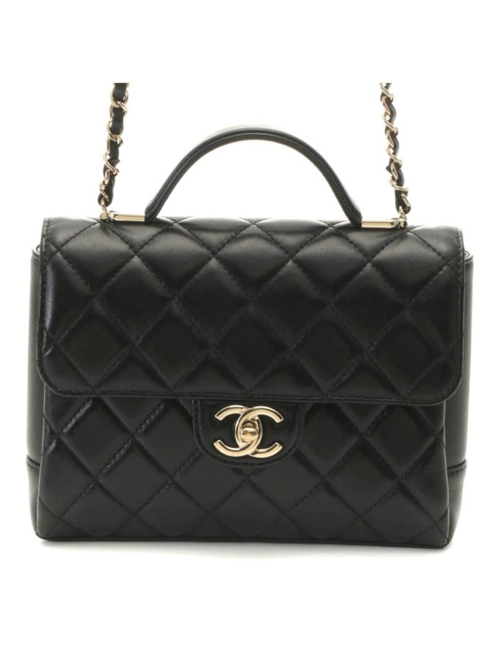 Chanel Quilted Top Handle Chain Shoulder Handbag Lambskin Black Random Stamp